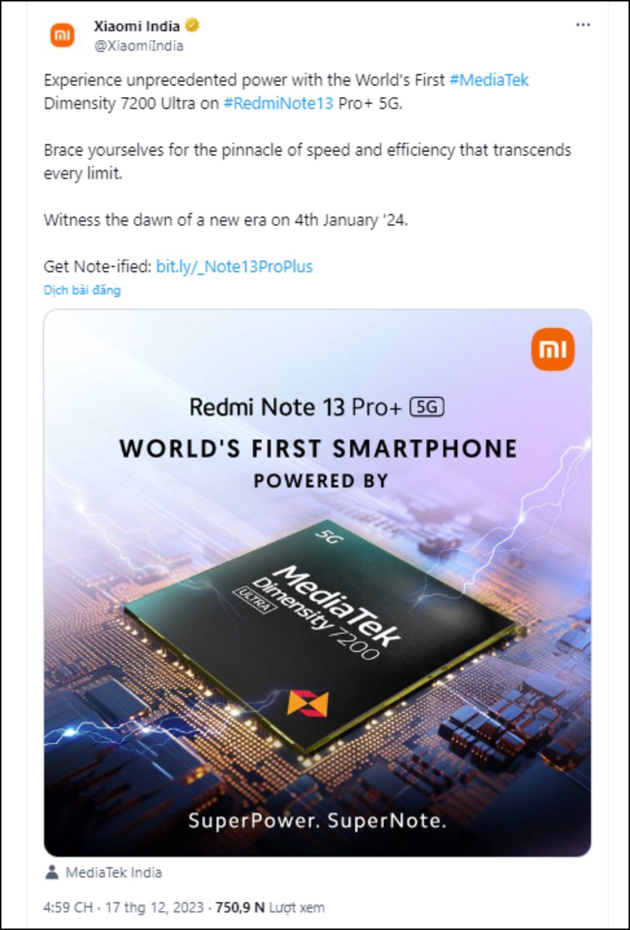 Bài đăng của Xiaomi trên X (Twitter)