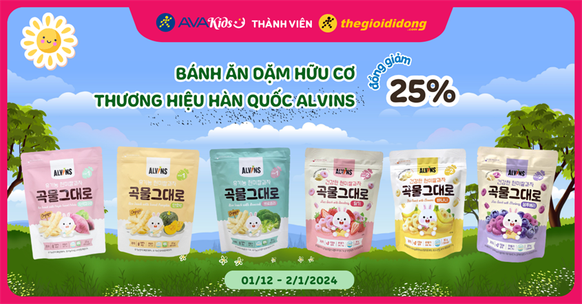 Bánh ăn dặm hữu cơ thương hiệu hàng đầu Hàn Quốc Alvins đồng giảm 25%. Mua ngay!