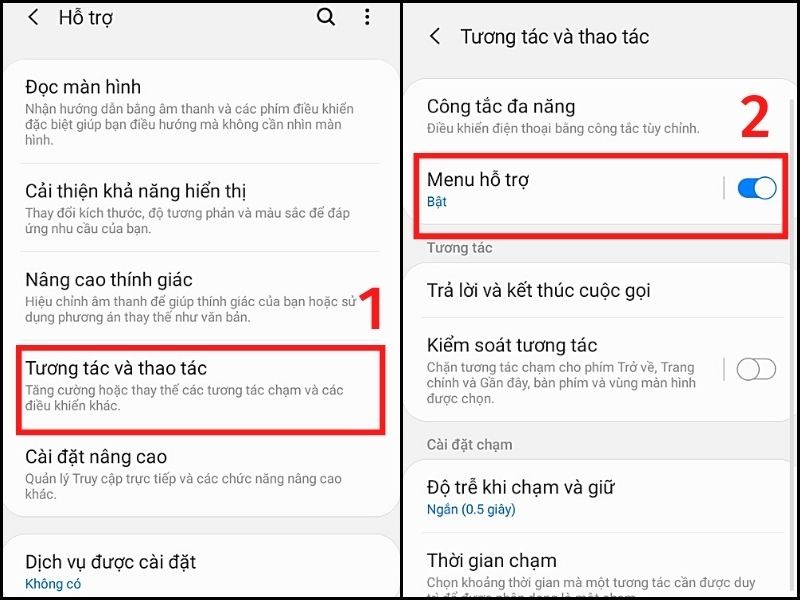 Gạt công tắc tại mục Trợ lý Menu trong mục Tương tác và thao tác