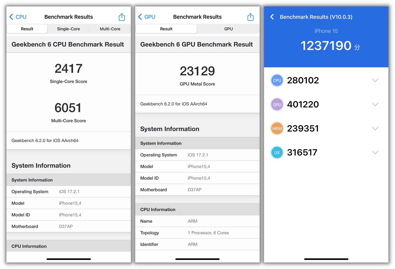 Kết quả Geekbench 6 và Antutu của iPhone 15.