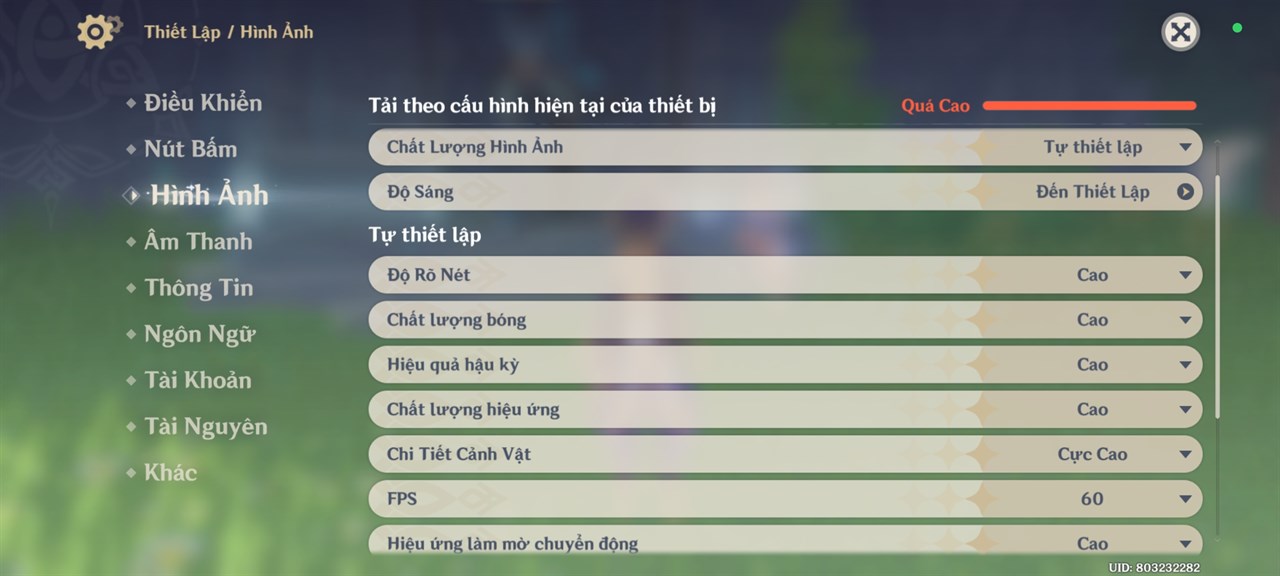 Thiết lập đồ họa Genshin Impact mà mình đã đặt trên Xiaomi 13 cập nhật Xiaomi HyperOS.