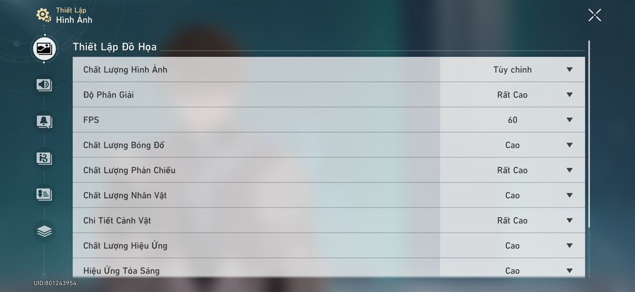 Thiết lập đồ họa Honkai: Star Rail mà mình áp dụng trên Galaxy S24 Ultra. Thiết lập đồ họa Honkai: Star Rail mà mình áp dụng trên Galaxy S24 Ultra.