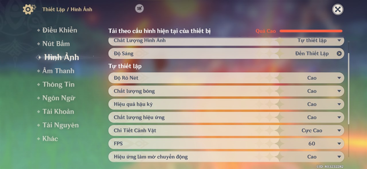 Thiết lập đồ họa Genshin Impact mà mình áp dụng trên Galaxy S24 Ultra. Thiết lập đồ họa Genshin Impact mà mình áp dụng trên Galaxy S24 Ultra.