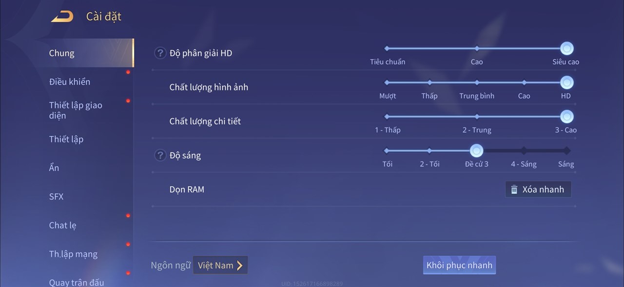 Thiết lập đồ họa Liên Quân Mobile mà mình áp dụng trên bài test pin Galaxy S24 Ultra.