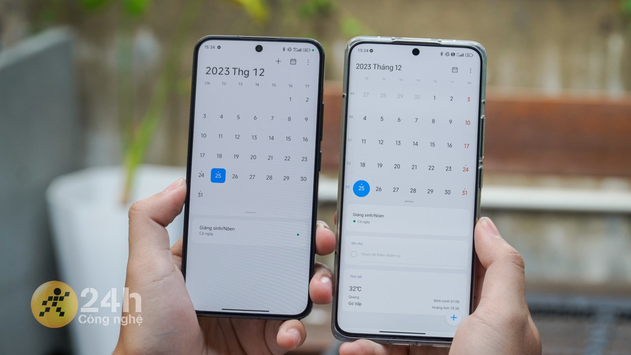 Ứng dụng lịch trên Xiaomi HyperOS (trái) được tinh gọn hơn so với MIUI 14.