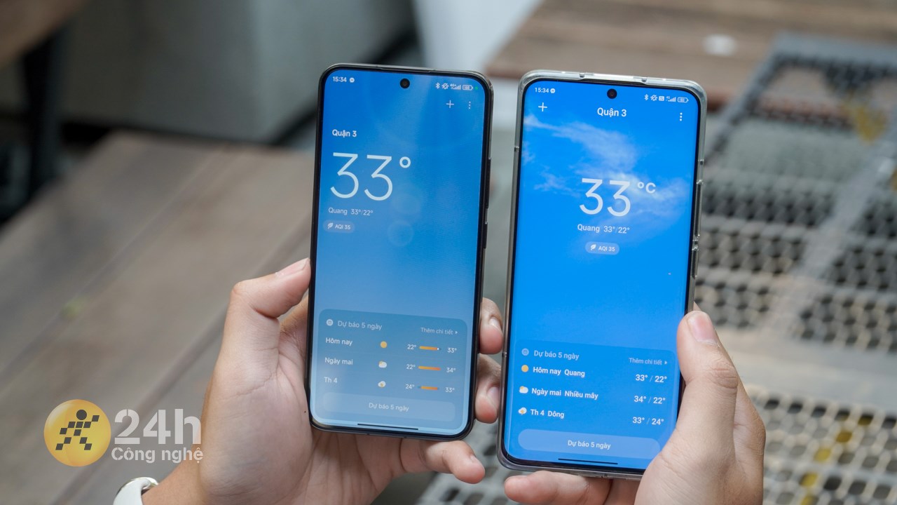Bên trong ứng dụng thời tiết của Xiaomi 13 cập nhật Xiaomi HyperOS (trái) thì số được đặt bên trái để trông gọn gàng hơn so với MIUI 14.