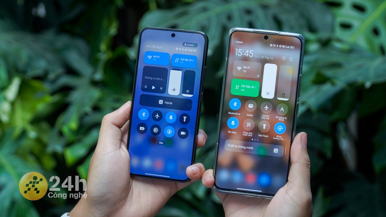 Thanh tác vụ trên Xiaomi HyperOS (trái) đơn giản, trực quan hơn nhưng do ko có chữ như MIUI 14 (phải) nên hơi mất thời gian để làm quen.