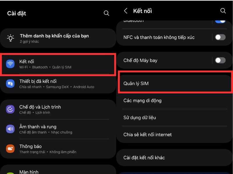 Nhấn chọn Kết nối trong mục Cài đặt, sau đó chọn Quản lý SIM