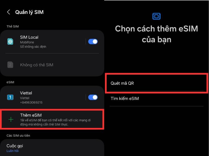 Nhấn vào Thêm eSIM rồi nhấn tiếp vào Quét mã QR từ nhà cung cấp dịch vụ