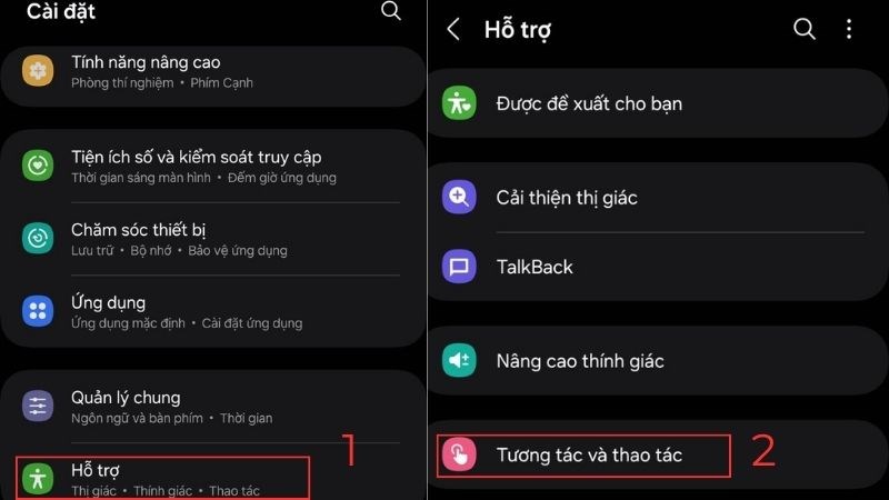 V&agrave;o C&agrave;i đặt > Chọn Hỗ trợ > Chọn Thao t&aacute;c v&agrave; tương t&aacute;c để k&iacute;ch hoạt Menu hỗ trợ