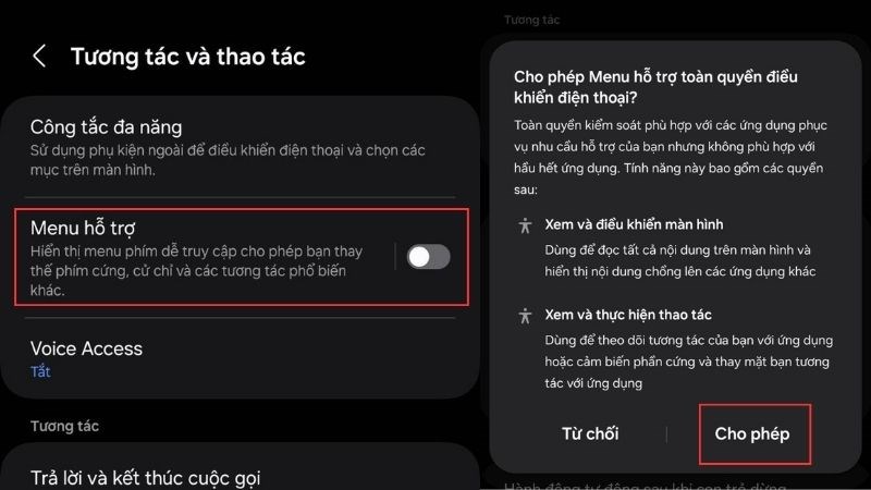 Gạt n&uacute;t k&iacute;ch hoạt Menu hỗ trợ v&agrave; cho ph&eacute;p t&iacute;nh năng hoạt động