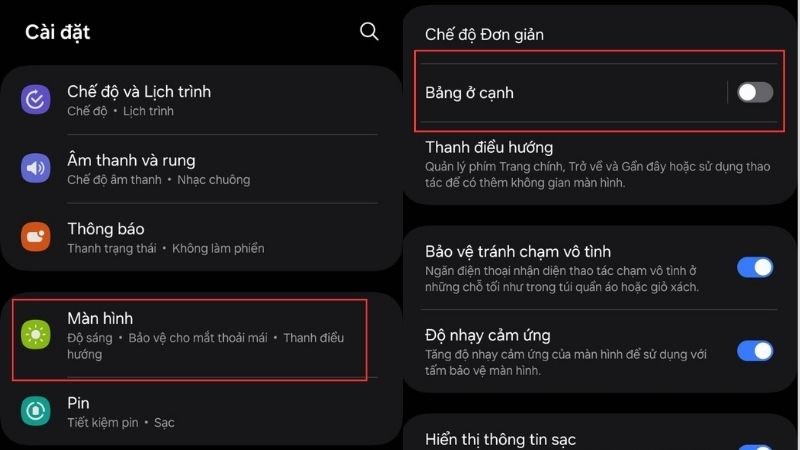 Chọn Trưng b&agrave;y/M&agrave;n h&igrave;nh trong phần C&agrave;i đặt > Chọn Bảng ở cạnh