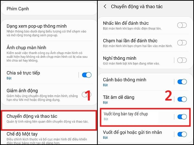 Chọn mục Chuyển động v&agrave; thao t&aacute;c > Gạt n&uacute;t tr&ograve;n ở mục Vuốt l&ograve;ng b&agrave;n tay để chụp