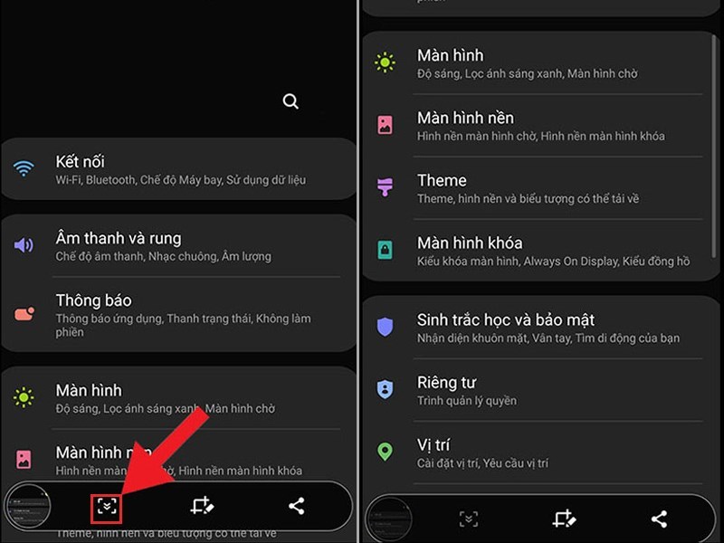Chọn biểu tượng Chụp cuộn v&agrave; k&eacute;o m&agrave;n h&igrave;nh xuống đến vị tr&iacute; cần chụp rồi thả tay