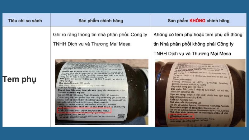 Hàng thật có tem phụ ghi rõ nhà phân phối, hàng giả không ghi hoặc không có tem phụ