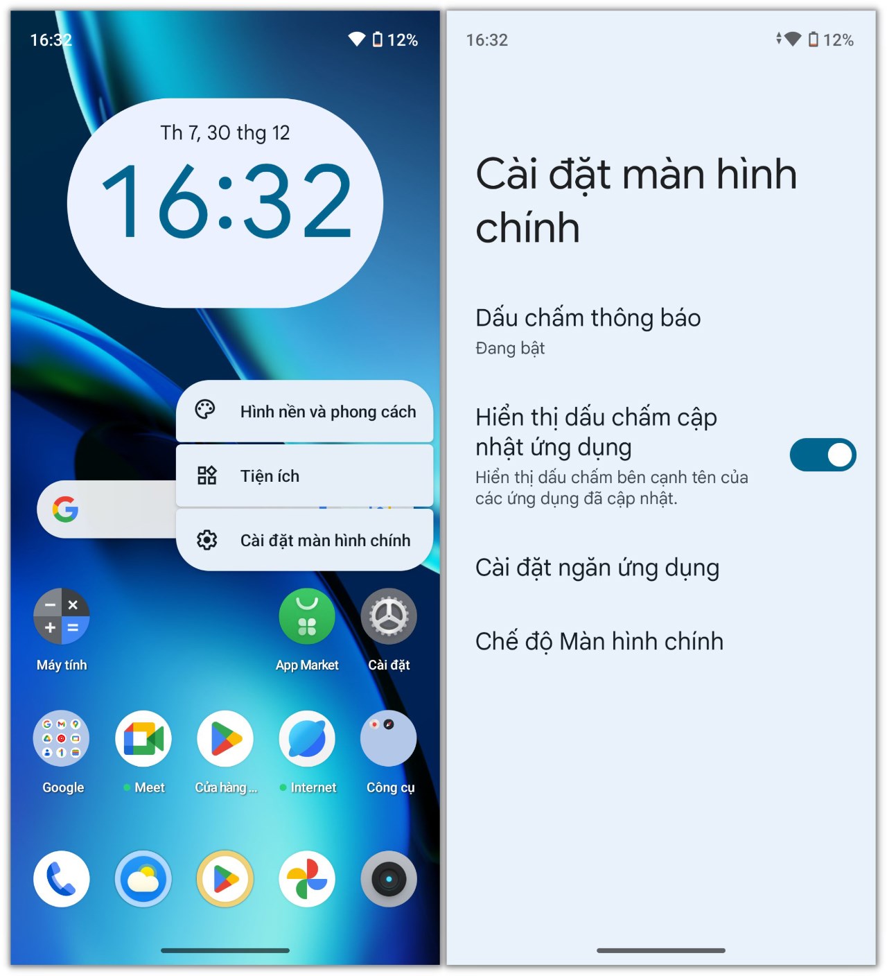 Phần cài đặt màn hình chính trên realme C67 không có nhiều tùy chọn mang tính cá nhân hóa.