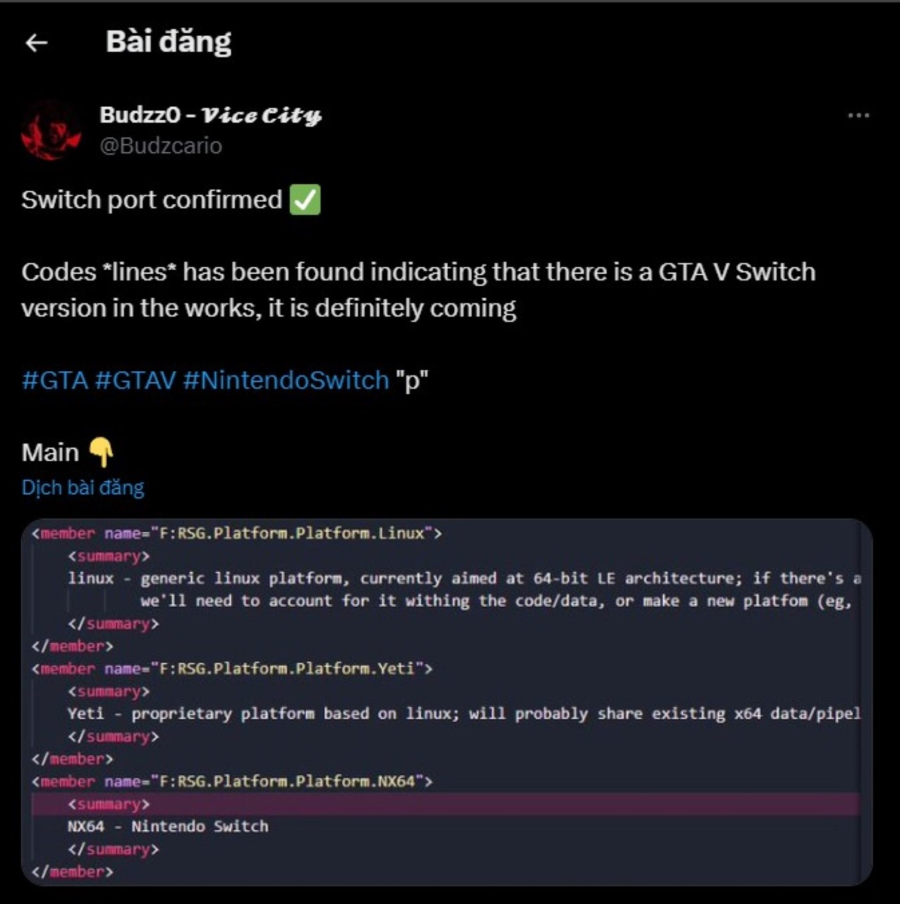 Bài viết tiết lộ đoạn mã cho thấy GTA V sẽ sớm có mặt trên Nintendo Switch