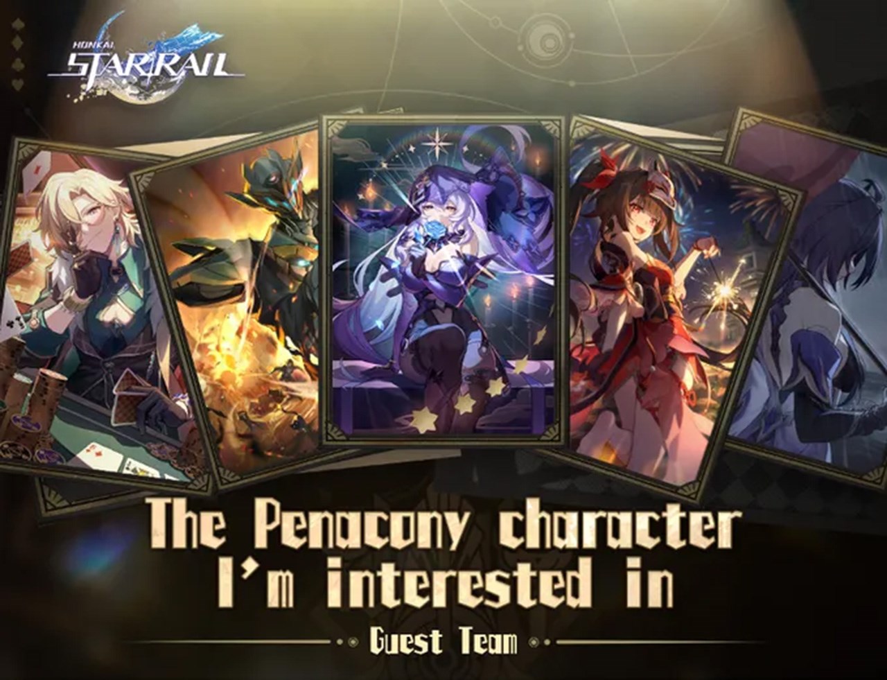 Các nhân vật Aventurine, Sam, Black Swan, Sparkle, Acheron được xếp trong hình từ trái qua phải