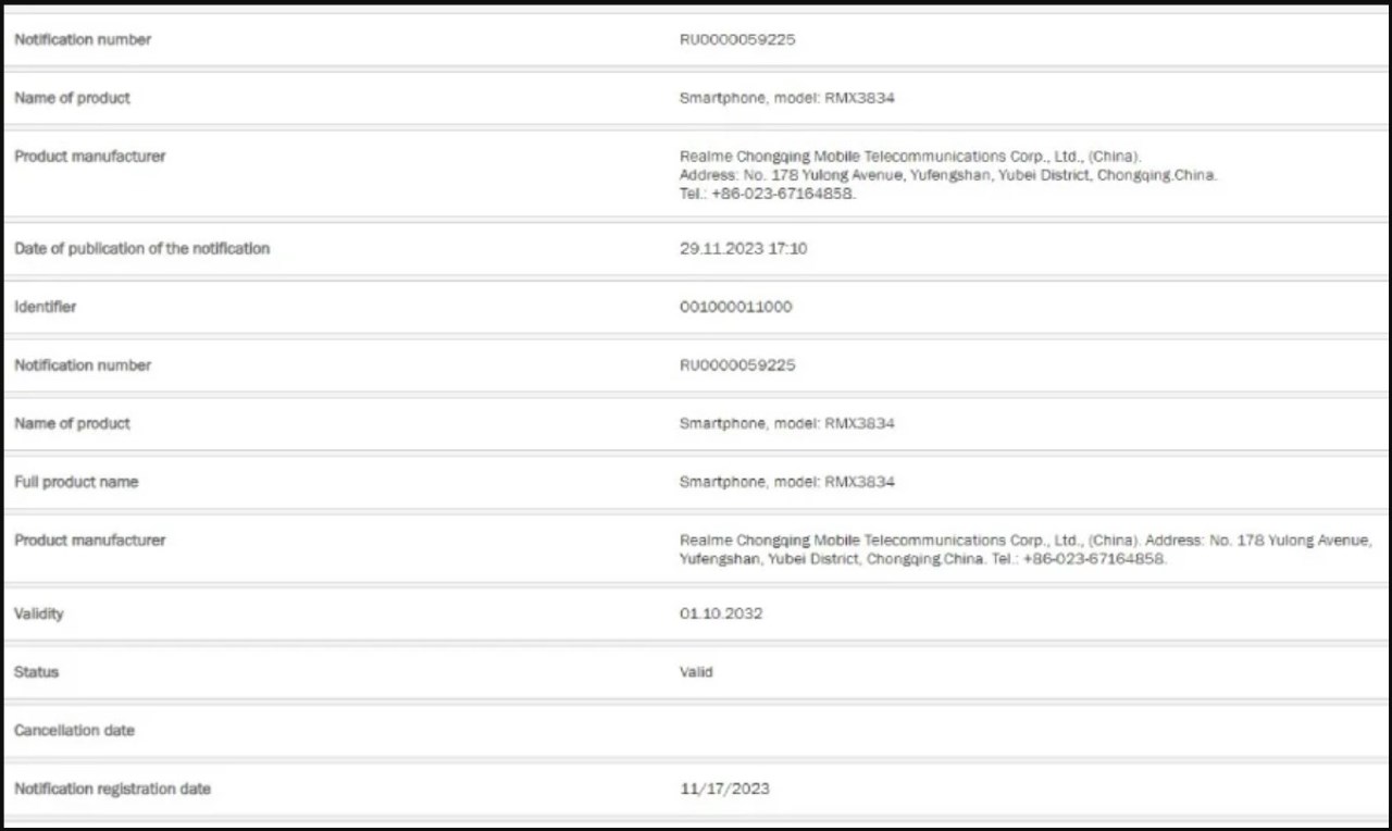 realme Note 50 với số model RMX3834 trên cơ sở dữ liệu của EEC realme Note 50 với số model RMX3834 trên cơ sở dữ liệu của EEC