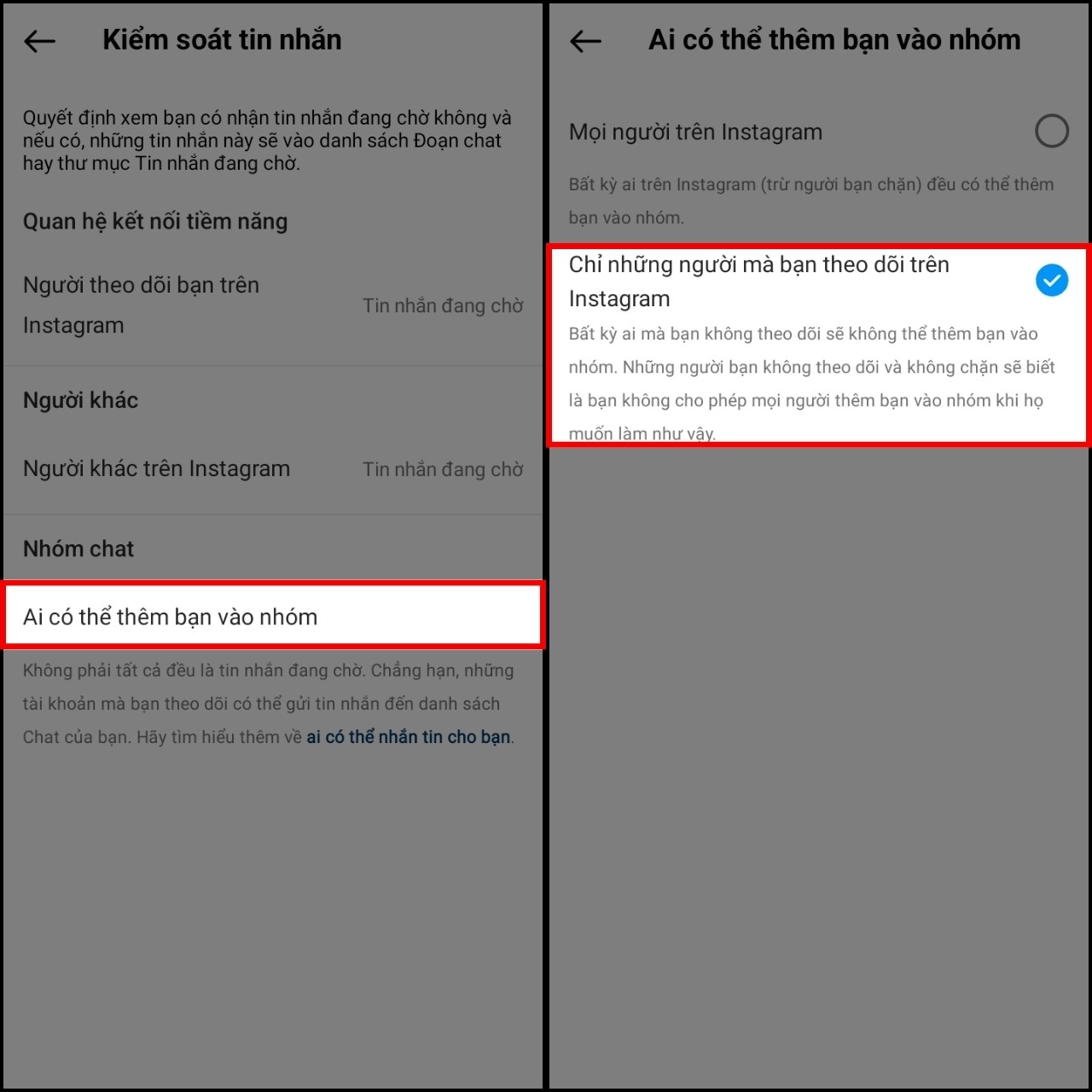 Cách chặn người khác thêm bạn vào nhóm trên Instagram