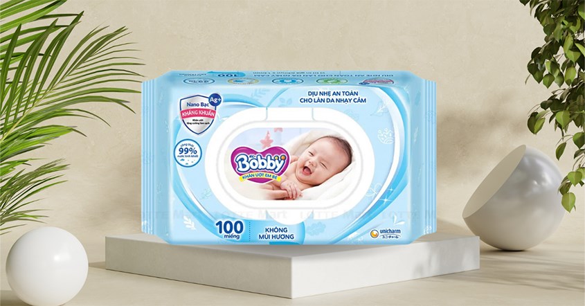 Khăn ướt Bobby dịu nhẹ cho da nhạy cảm không mùi gói 100 miếng