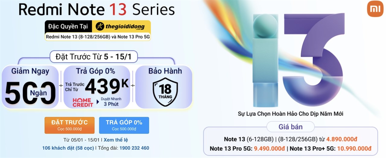Đặt trước Redmi Note 13 series giá rẻ, trả góp 0%, bảo hành 18 tháng