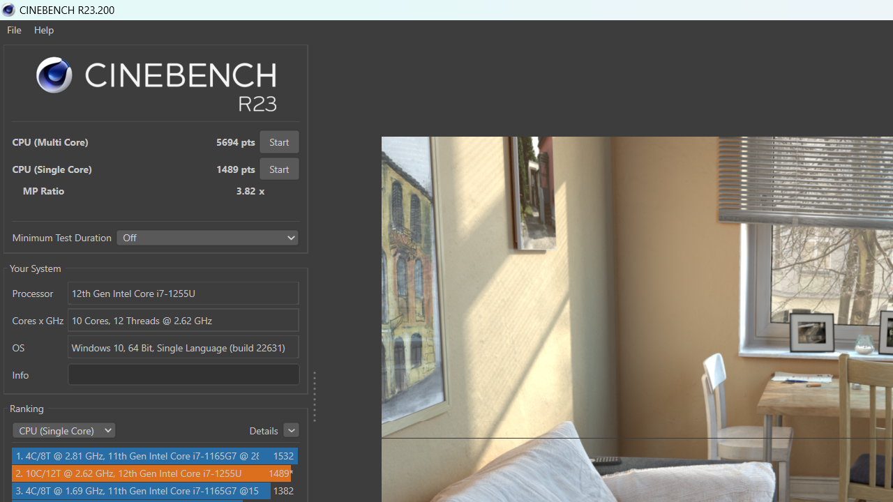 Điểm hiệu năng đơn nhân/đa nhân của HP 15s fq5147TU được chấm bởi Cinebench R23.
