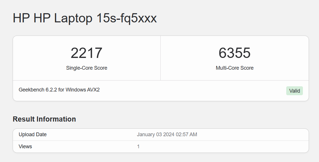 Điểm hiệu năng đơn nhân - đa nhân của HP 15s fq5147TU được chấm bởi GeekBench 6