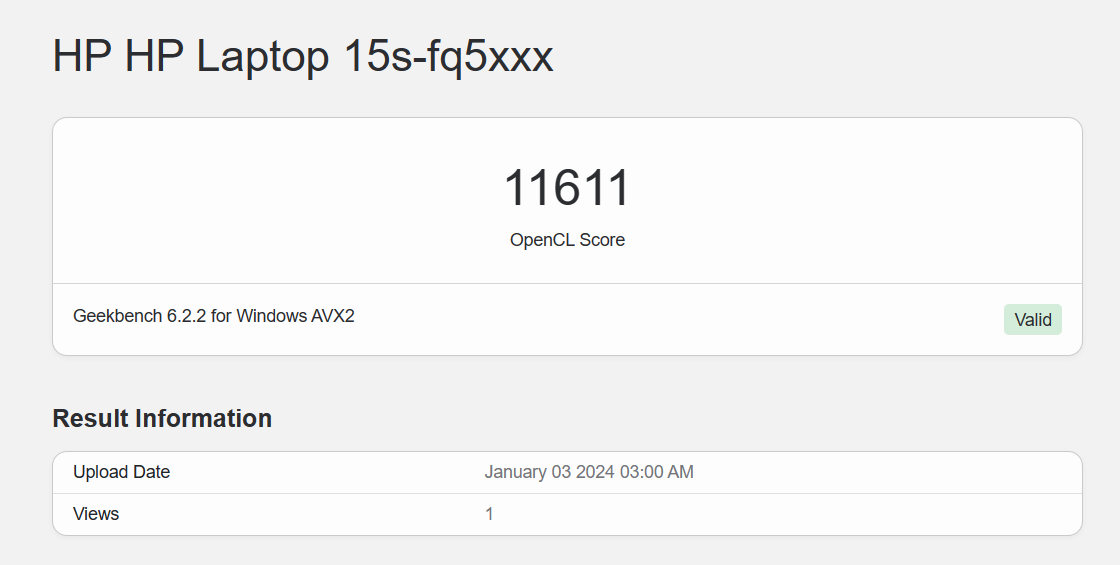 Điểm hiệu năng đồ họa OpenCL của HP 15s fq5147TU được chấm bởi GeekBench 6