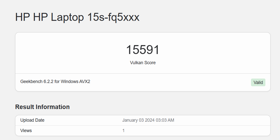 Điểm hiệu năng đồ họa Vulkan của HP 15s fq5147TU được chấm bởi GeekBench 6