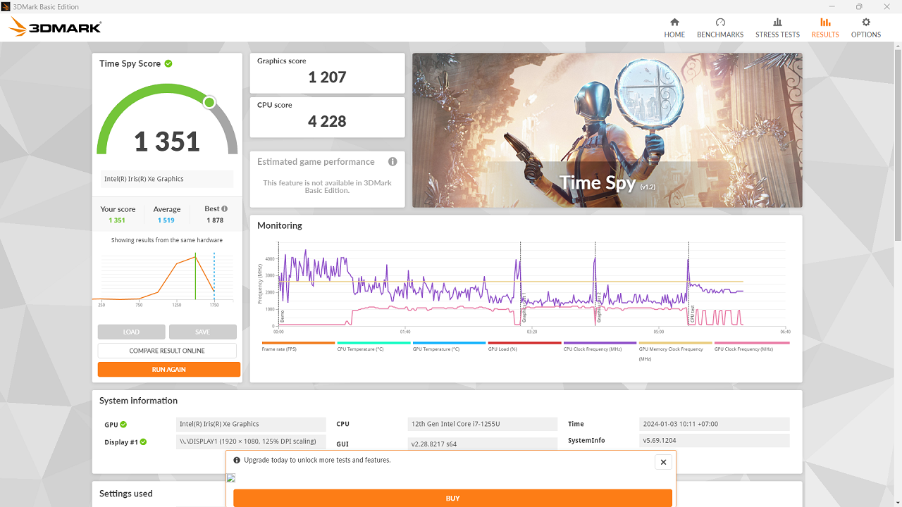 Điểm hiệu năng đồ họa 3DMark của HP 15s fq5147TU