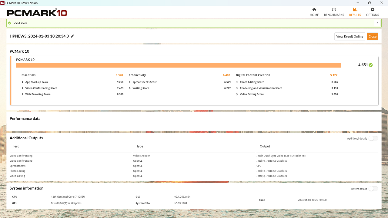 Điểm hiệu năng đồ họa của HP 15s fq5147TU được chấm bởi PCMark