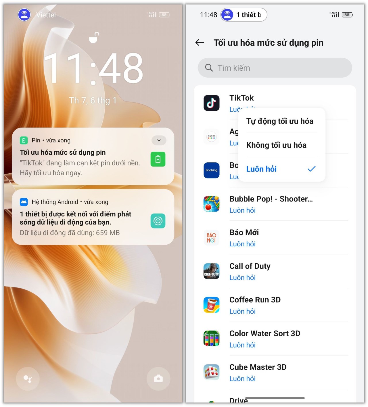 Tính năng Tối ưu hóa mức sử dụng pin trên Reno11 Pro 5G thường gửi thông báo cho mình mỗi khi có một ứng dụng chạy ngầm gây hao pin.