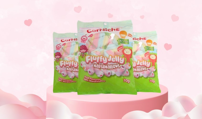 Kẹo xốp marshmallow Corniche Fluffy Jelly hương trái cây gói 70g (từ 3 tuổi)