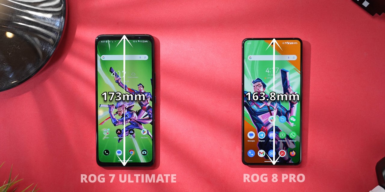 Hình ảnh so sánh chiều dọc (tính cả viền màn hình) của ROG Phone 7 Ultimate (trái) và ROG Phone 8 Pro (phải). Nguồn: C4ETech English.