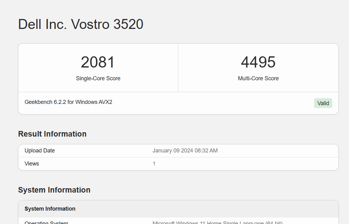 Điểm GeekBench 6 đơn nhân/đa nhân của Dell Vostro 15 3520