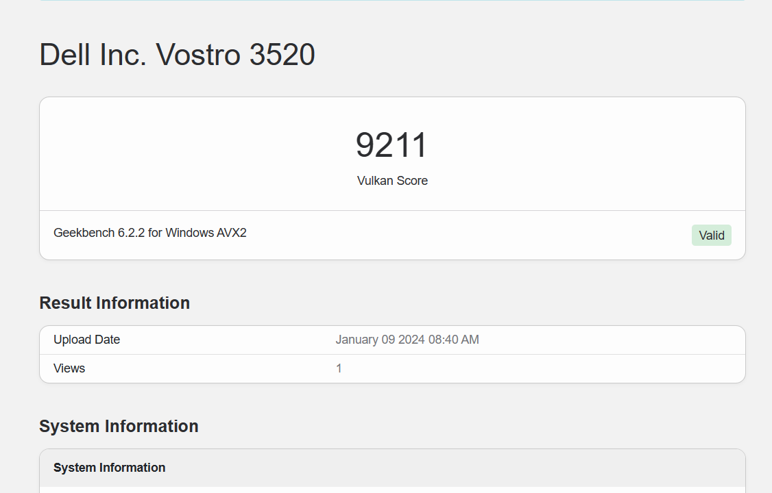 Điểm đồ họa Vulkan của Dell Vostro 15 3520 được đo bởi GeekBench 6
