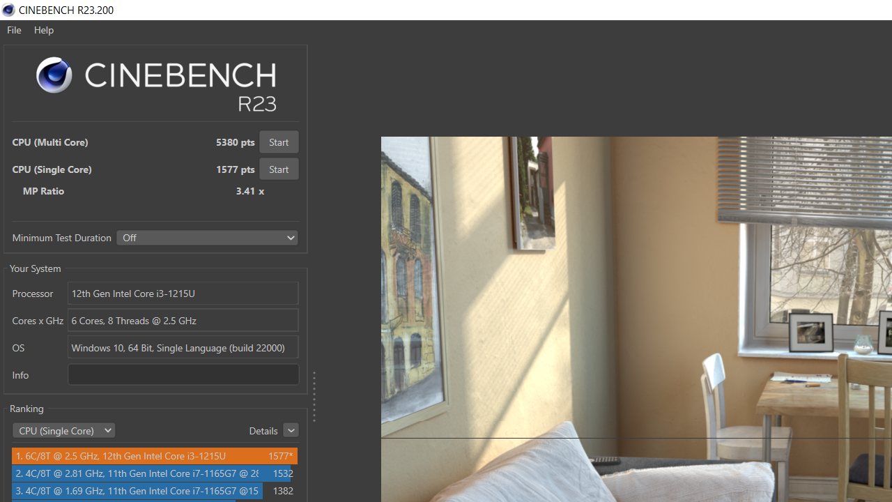 Điểm Cinebench R23 đơn nhân/đa nhân của Dell Vostro 15 3520