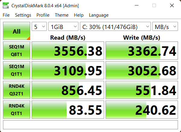 Tốc độ đọc - ghi của ổ cứng SSD trên Dell Vostro 15 3250 được đo bởi Crystal Diskmark