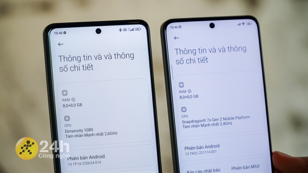 Redmi Note 12 Pro 5G (trái) với chip Dimensity 1080 có hiệu năng không ấn tượng bằng Redmi Note 13 Pro 5G (phải) với vi xử lý Snapdragon 7s Gen 2.