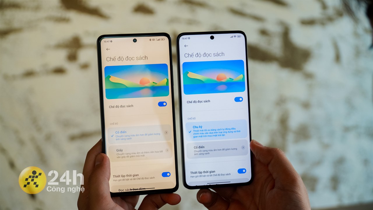 So sánh chế độ Cổ điển trên Redmi Note 12 Pro 5G (trái) và chế độ Chu kỳ trên Redmi Note 13 Pro 5G (phải).