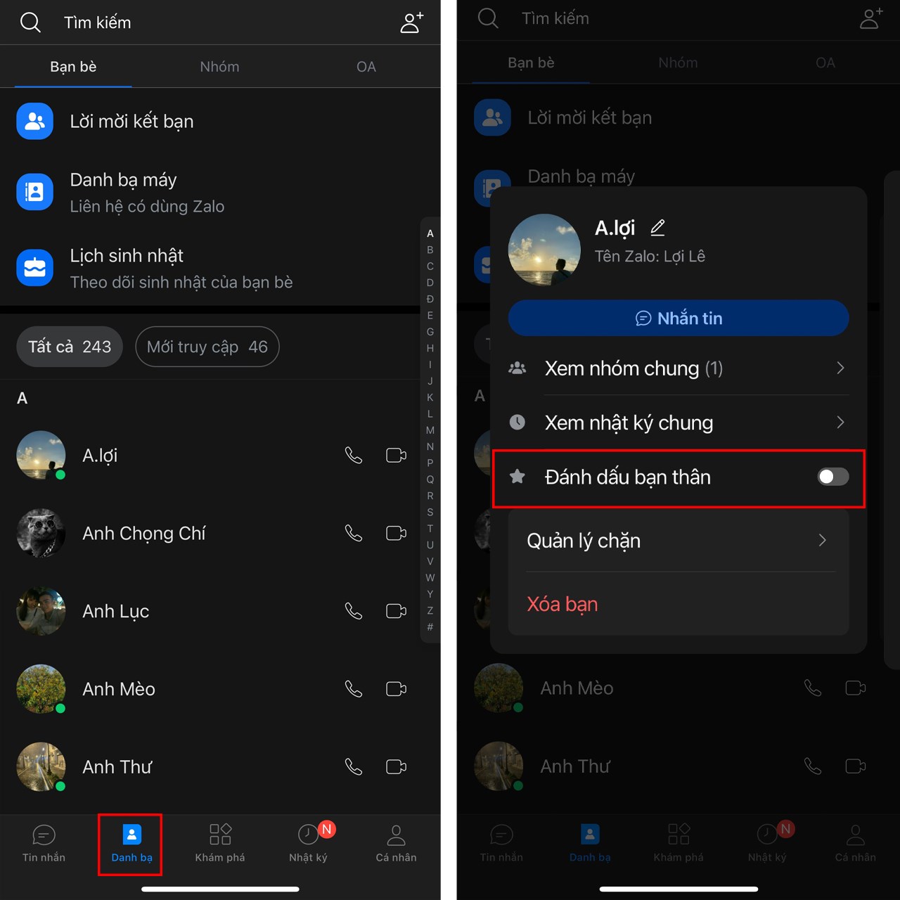 cách đánh dấu bạn thân trên Zalo