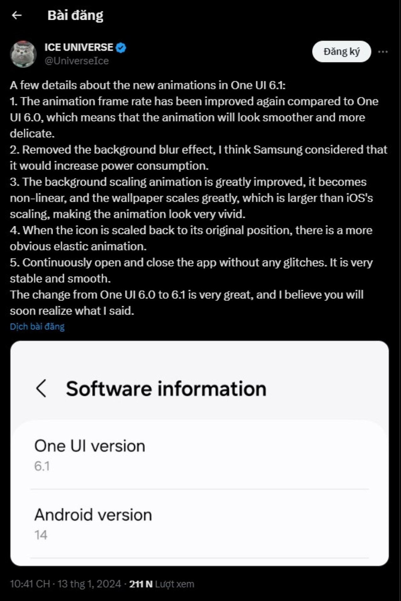 Bài viết của Ice Universe về One UI 6.1