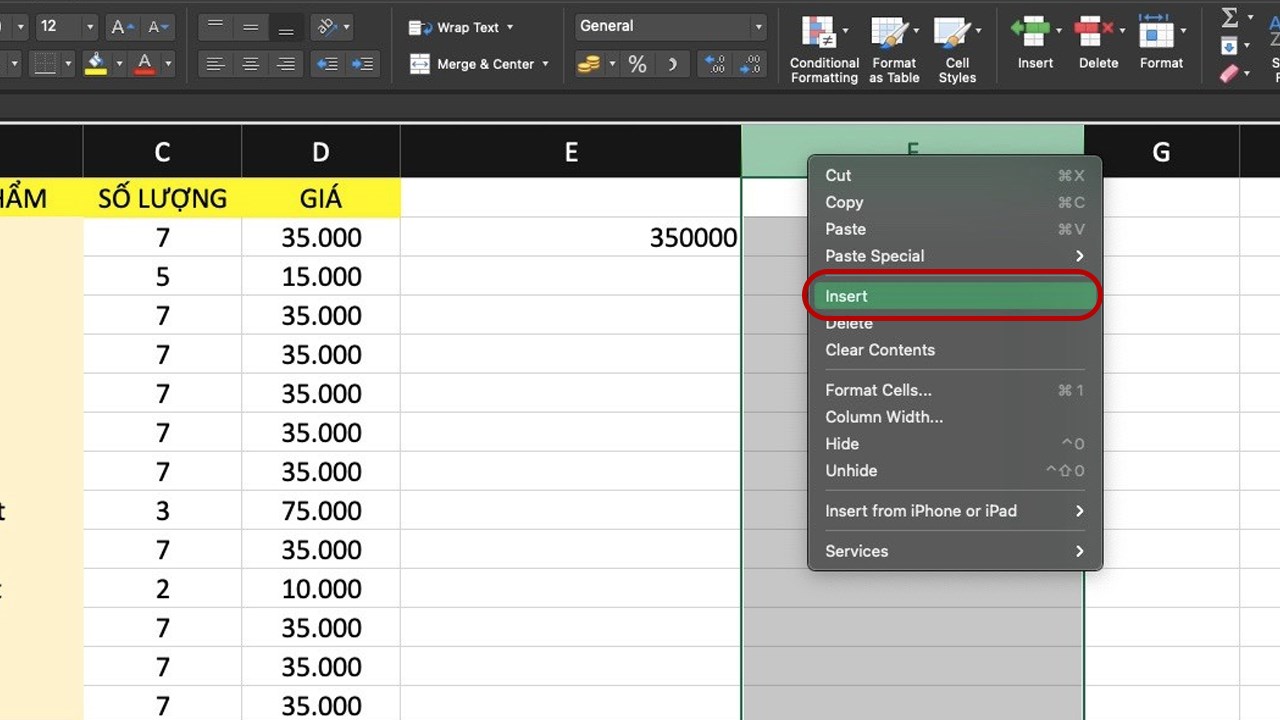 Cách thêm cột trong Excel