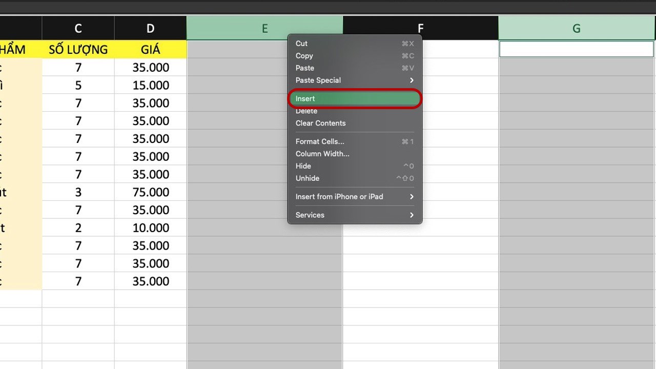 Cách thêm cột trong Excel