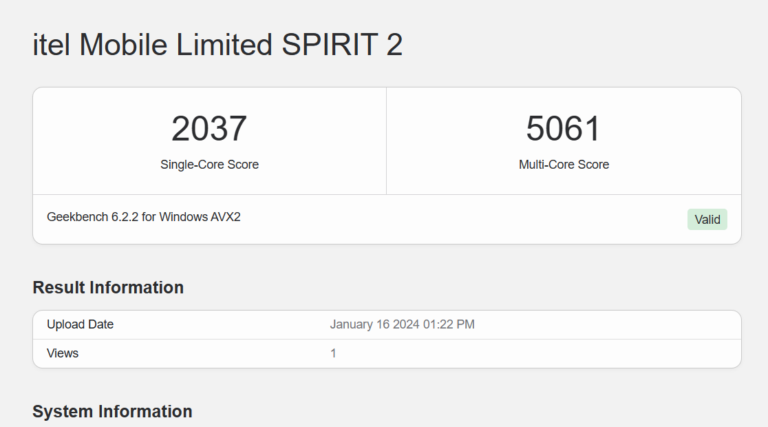 Điểm hiệu năng đơn nhân/đa nhân của Itel Spirit 2 được đo bởi GeekBench 6