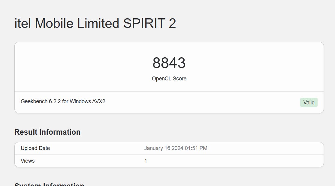Điểm đồ họa OpenCL của Itel Spirit 2 được đo bởi GeekBench 6.
