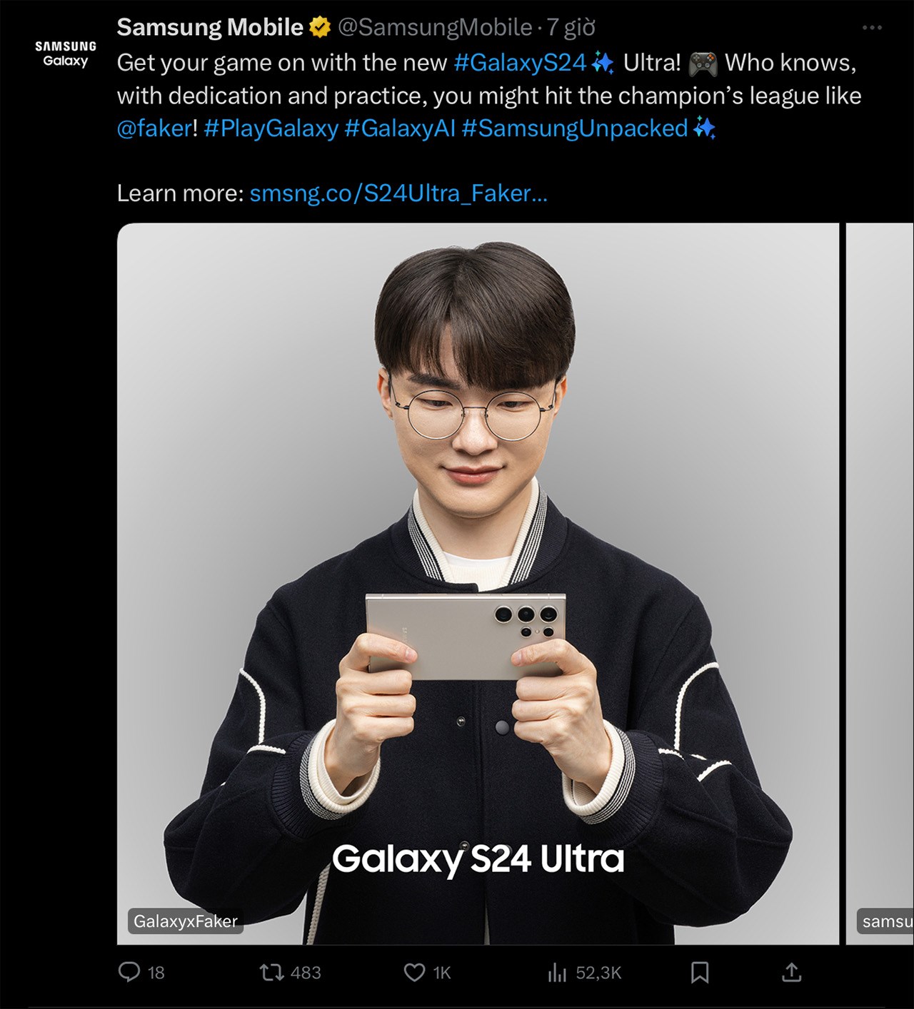 Samsung cũng đăng tải bài viết tương tự trên nền tảng xã hội X