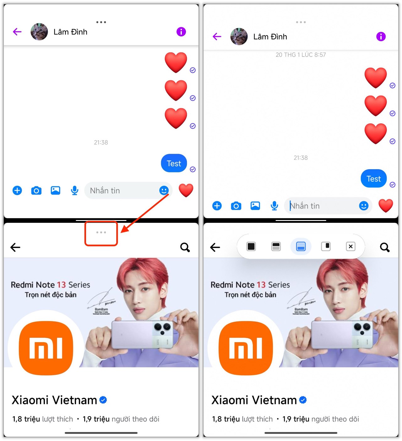Biểu tượng dấu 3 chấm khi chúng ta chia đôi ứng dụng trên Xiaomi HyperOS.