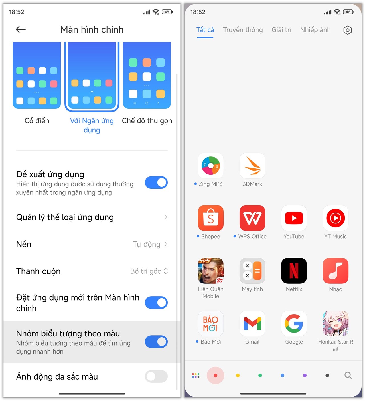 Tính năng nhóm biểu tượng ứng dụng theo màu sắc trên Xiaomi HyperOS.